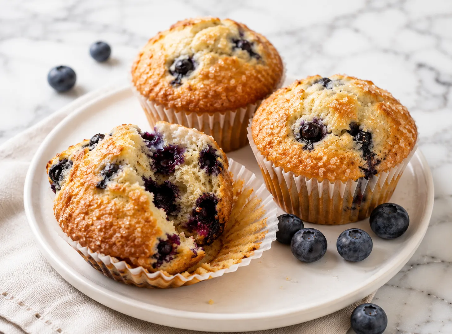Four homemade blueberry muffins with domed golden tops and turbinado sugar crust on a white ceramic plate, one broken open to show moist crumb and whole blueberries inside, white marble background, natural daylight