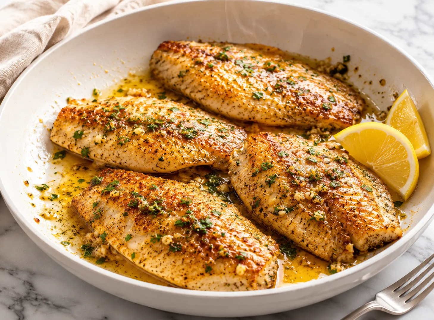 Garlic butter tilapia fillets in a white skillet with lemon wedges and fresh parsley