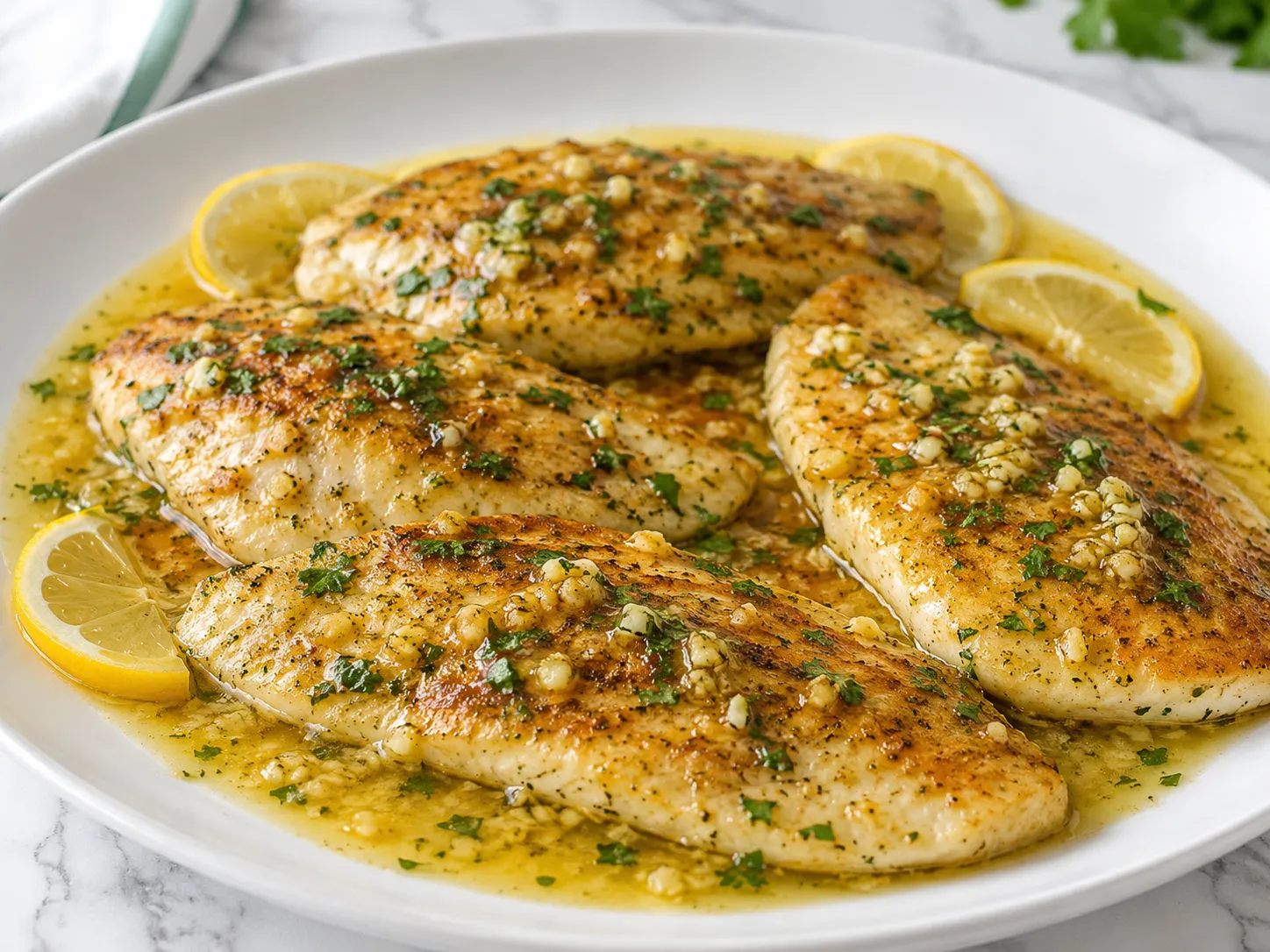 Garlic butter tilapia fillets on a white plate with lemon and parsley