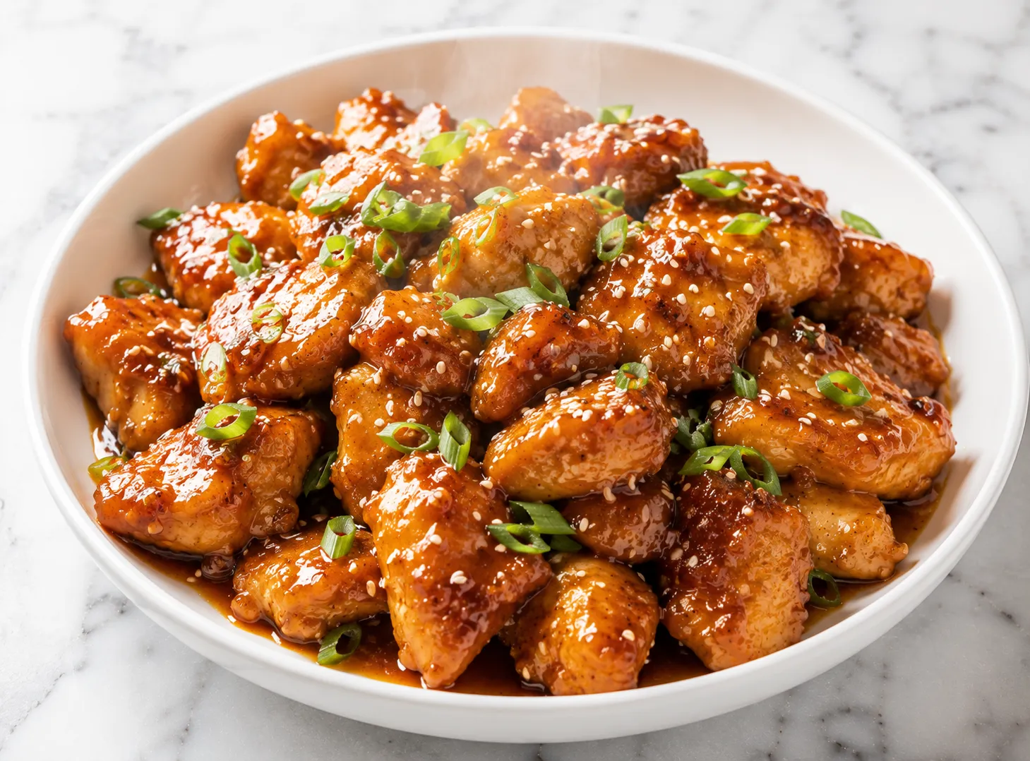 Honey garlic chicken served in a white ceramic bowl with glossy sticky sauce, sesame seeds, and green onions on a white marble surface in natural daylight