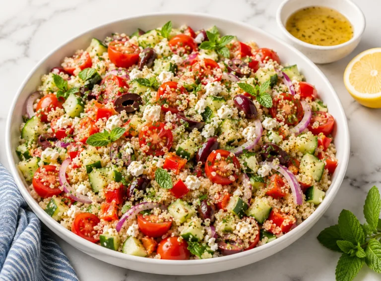Large white ceramic bowl of healthy quinoa salad with cherry tomatoes, cucumber, chickpeas, red bell pepper, feta, and lemon herb dressing on white marble surface in bright natural daylight