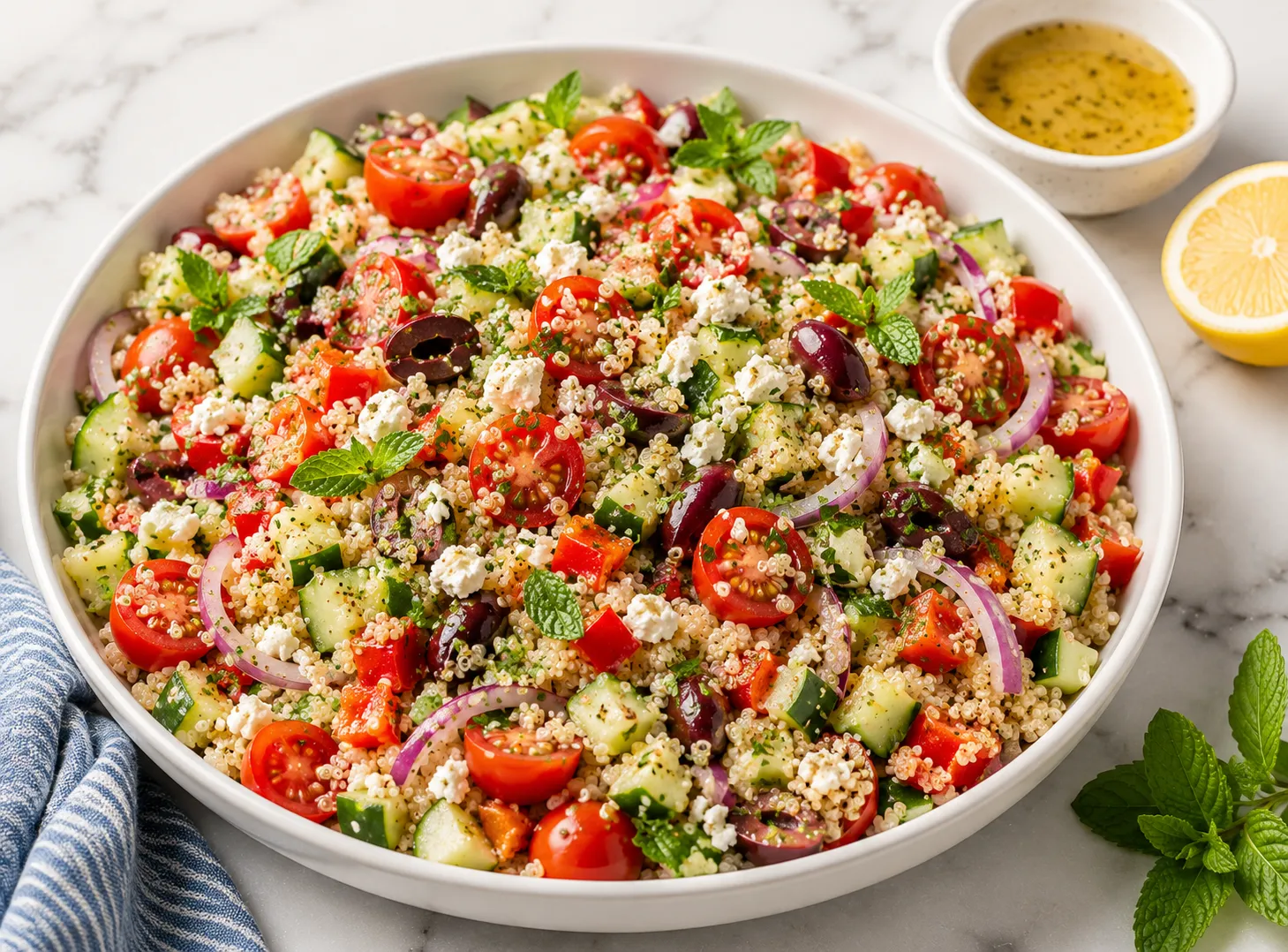Large white ceramic bowl of healthy quinoa salad with cherry tomatoes, cucumber, chickpeas, red bell pepper, feta, and lemon herb dressing on white marble surface in bright natural daylight