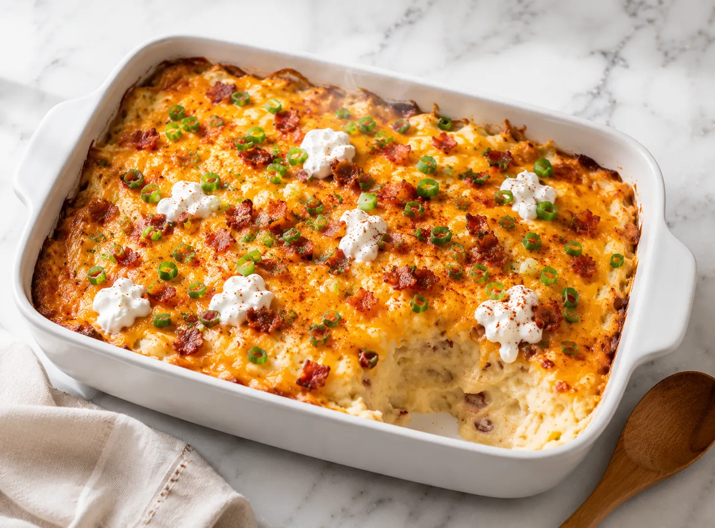 Loaded baked potato casserole in a white ceramic dish with melted cheddar, crispy bacon, sour cream, and green onions on white marble surface
