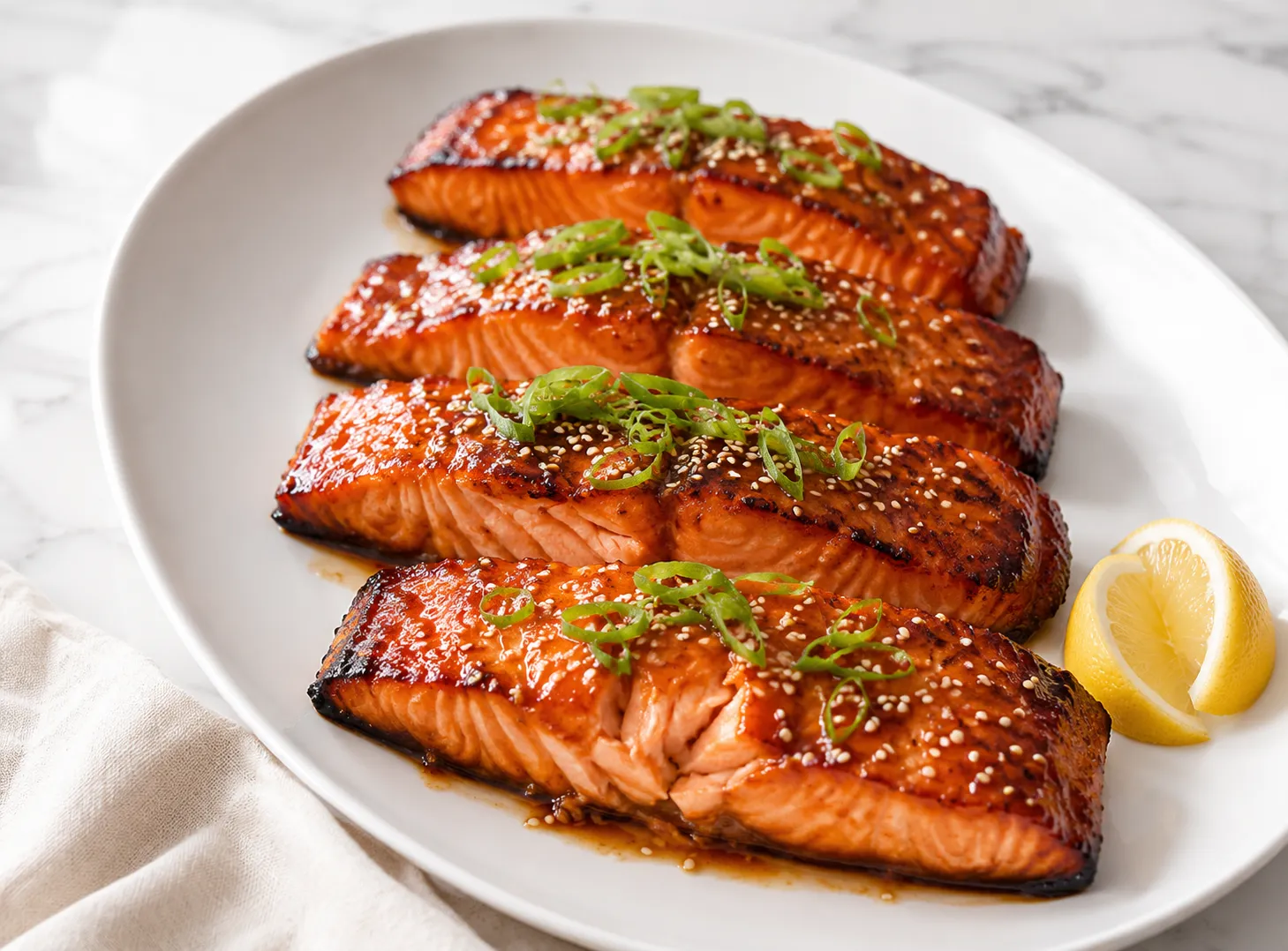 Miso glazed salmon fillets on white ceramic platter with sesame seeds and lemon wedges