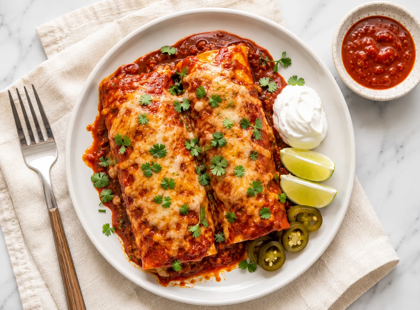 Overhead shot of two plated chicken enchiladas covered in red sauce and melted cheese, served with sour cream, lime wedges, and cilantro on a white ceramic plate