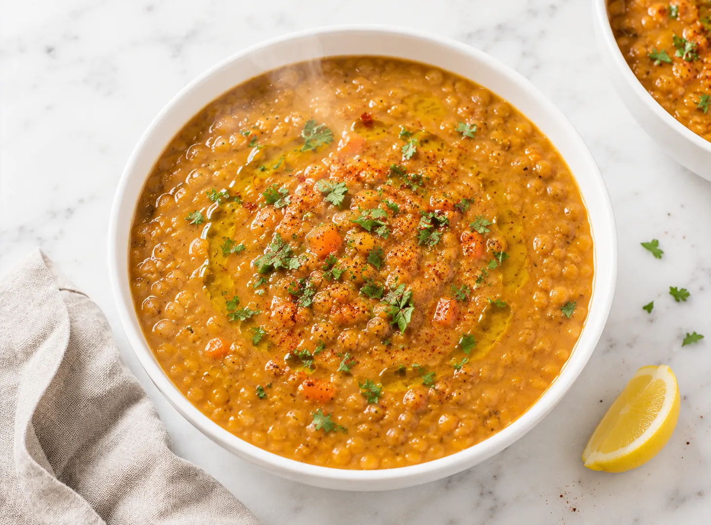 Overhead view of homemade lentil soup recipe in a white bowl with olive oil drizzle, fresh parsley, and lemon