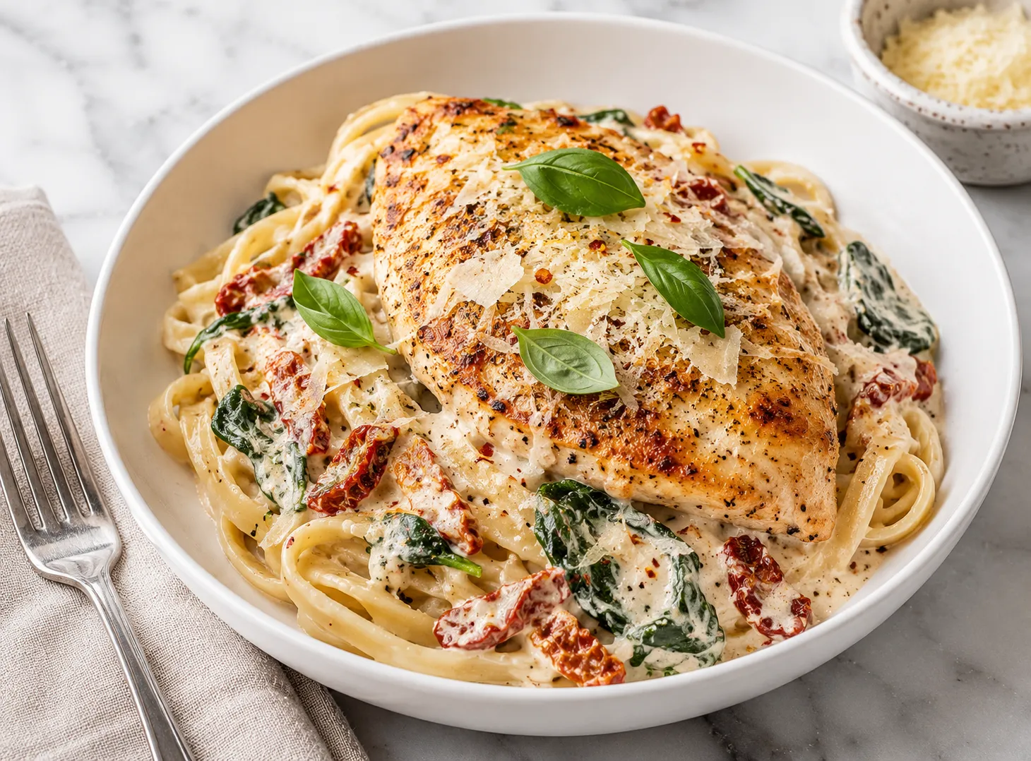 Single serving of creamy Tuscan chicken over fettuccine pasta in a white bowl with garlic Parmesan sauce, sun-dried tomatoes, spinach, and fresh basil on white marble
