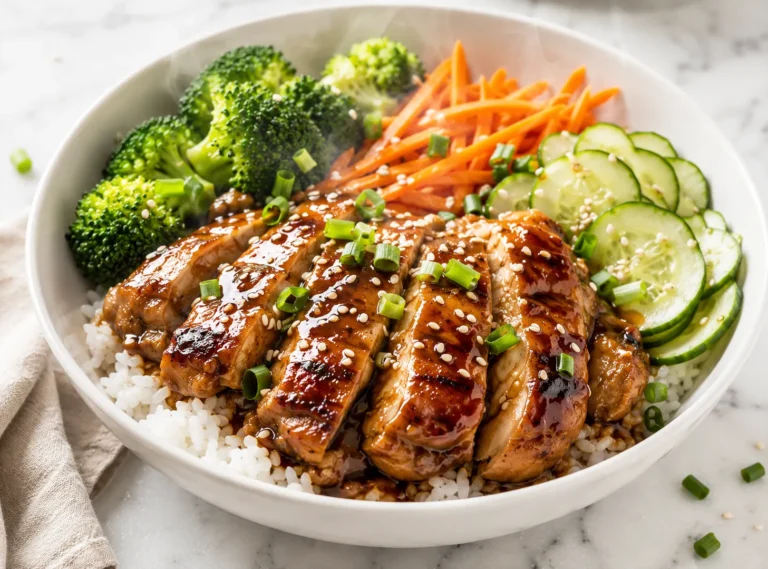 Teriyaki chicken bowl with homemade teriyaki glazed chicken, white rice, broccoli, carrots, cucumber, sesame seeds and green onions in a white bowl