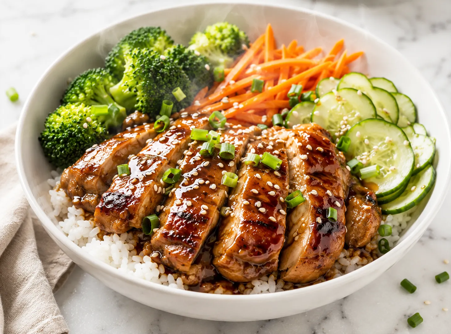 Teriyaki chicken bowl with homemade teriyaki glazed chicken, white rice, broccoli, carrots, cucumber, sesame seeds and green onions in a white bowl