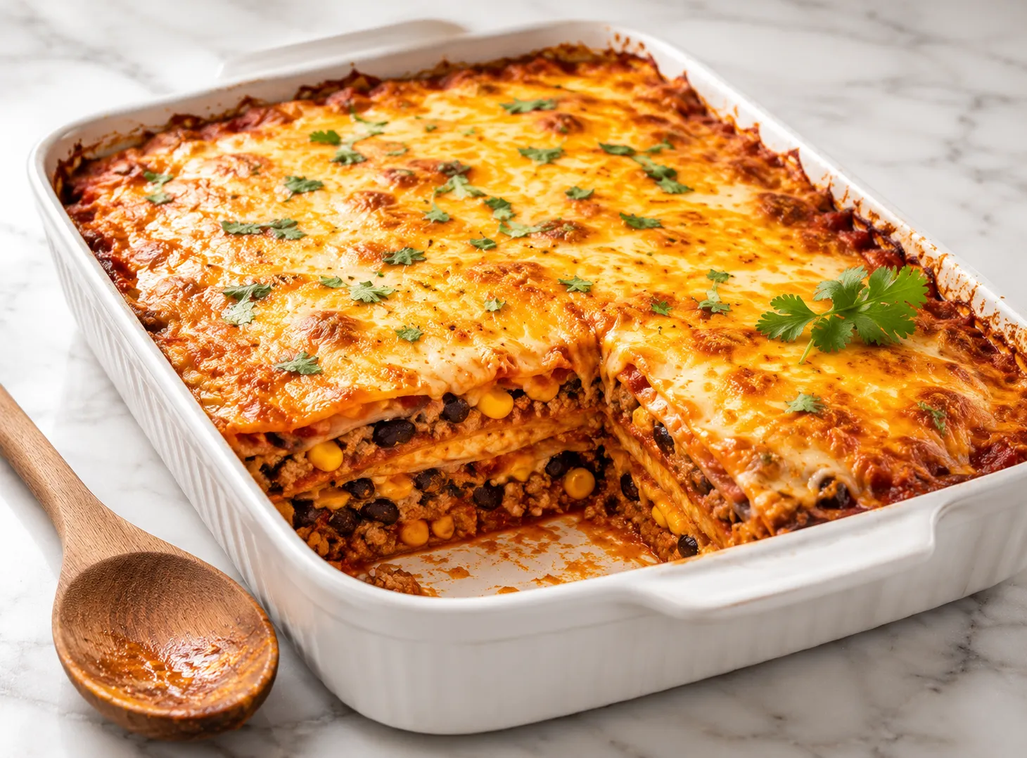 Turkey enchilada casserole recipe in white ceramic baking dish with layers of cheese, ground turkey, and corn tortillas