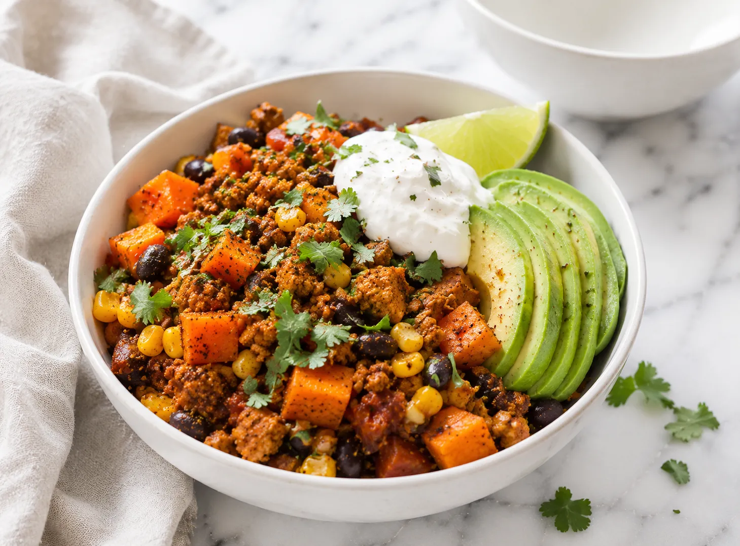 White bowl of ground turkey sweet potato skillet served with sliced avocado, Greek yogurt, and fresh cilantro