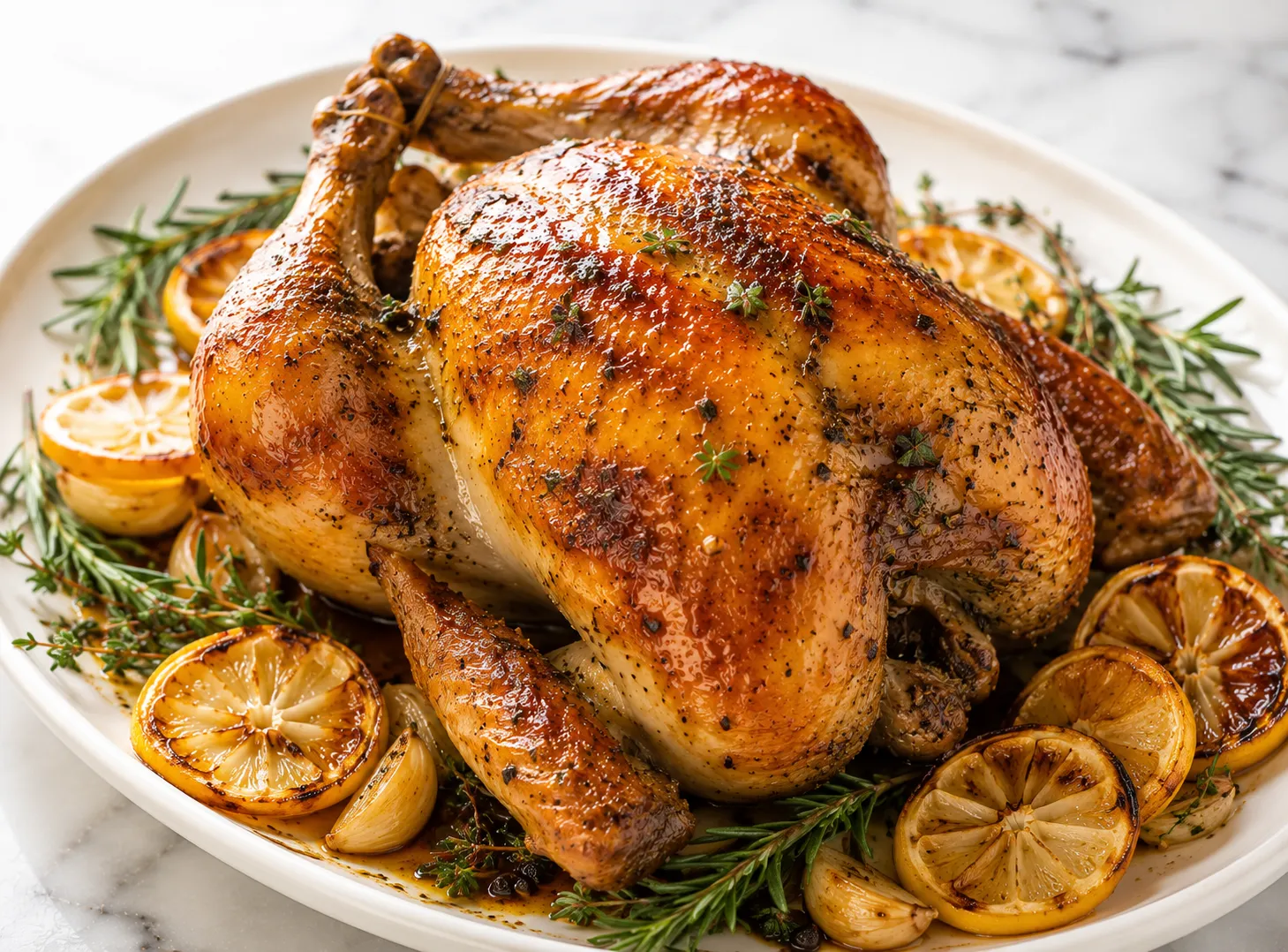 Whole lemon herb roasted chicken on a white ceramic platter with crispy golden skin, fresh rosemary, thyme, and charred lemon slices on a white marble surface