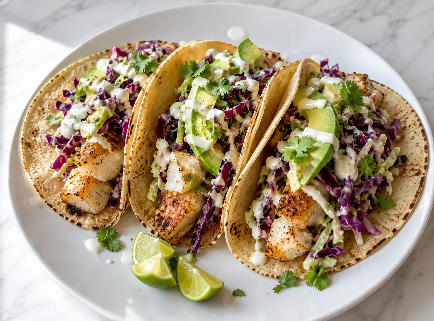 Fresh fish tacos with cabbage slaw and lime crema on a white plate