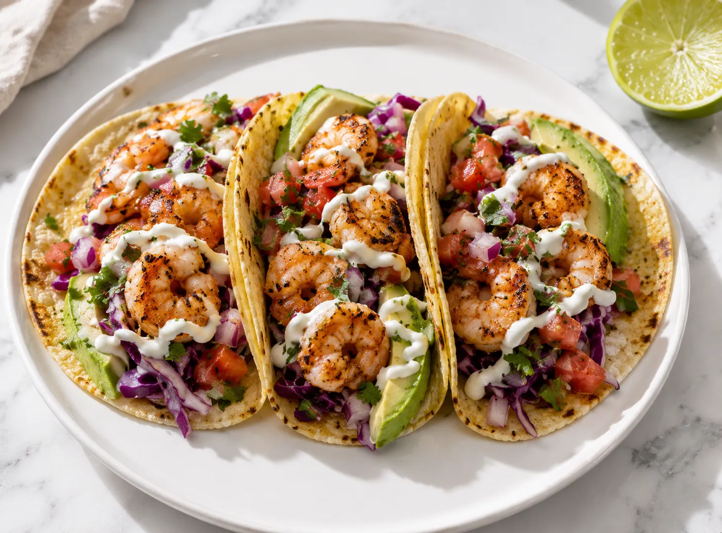 Shrimp tacos with cabbage, avocado, and lime crema on a white plate