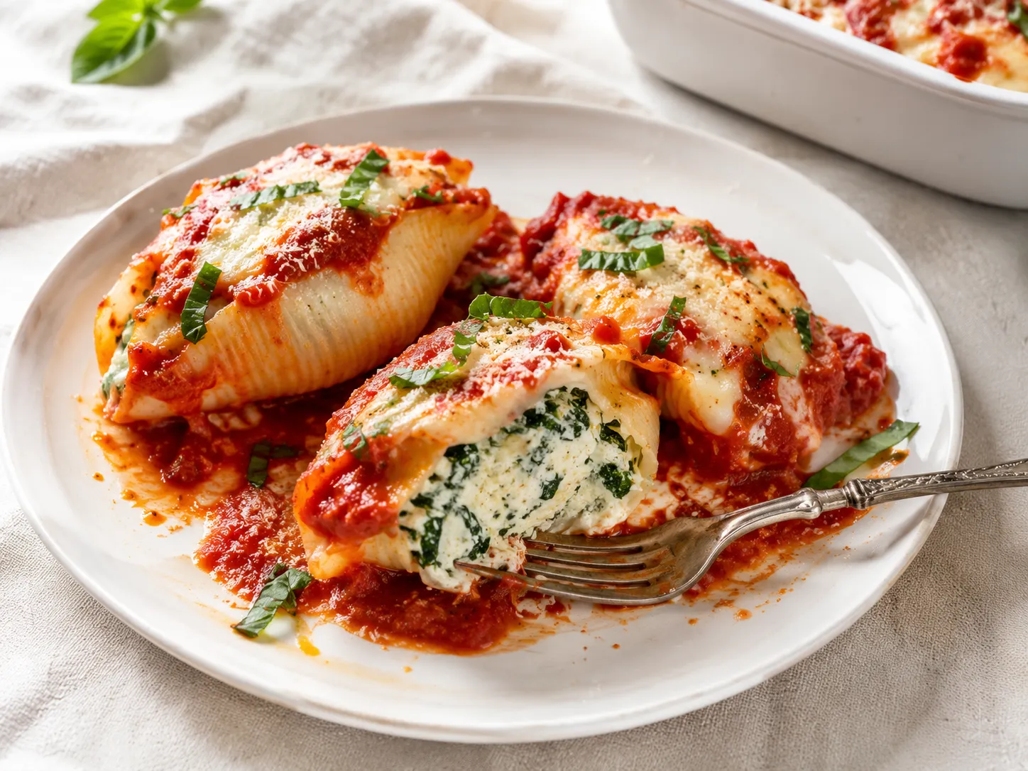 Plated spinach ricotta stuffed shells cut open showing creamy filling