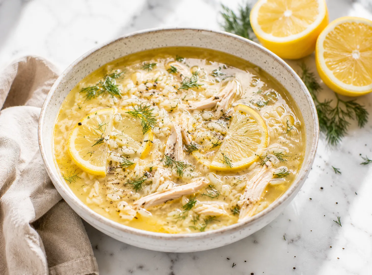 Bowl of Greek lemon chicken soup with shredded chicken, rice, and lemon