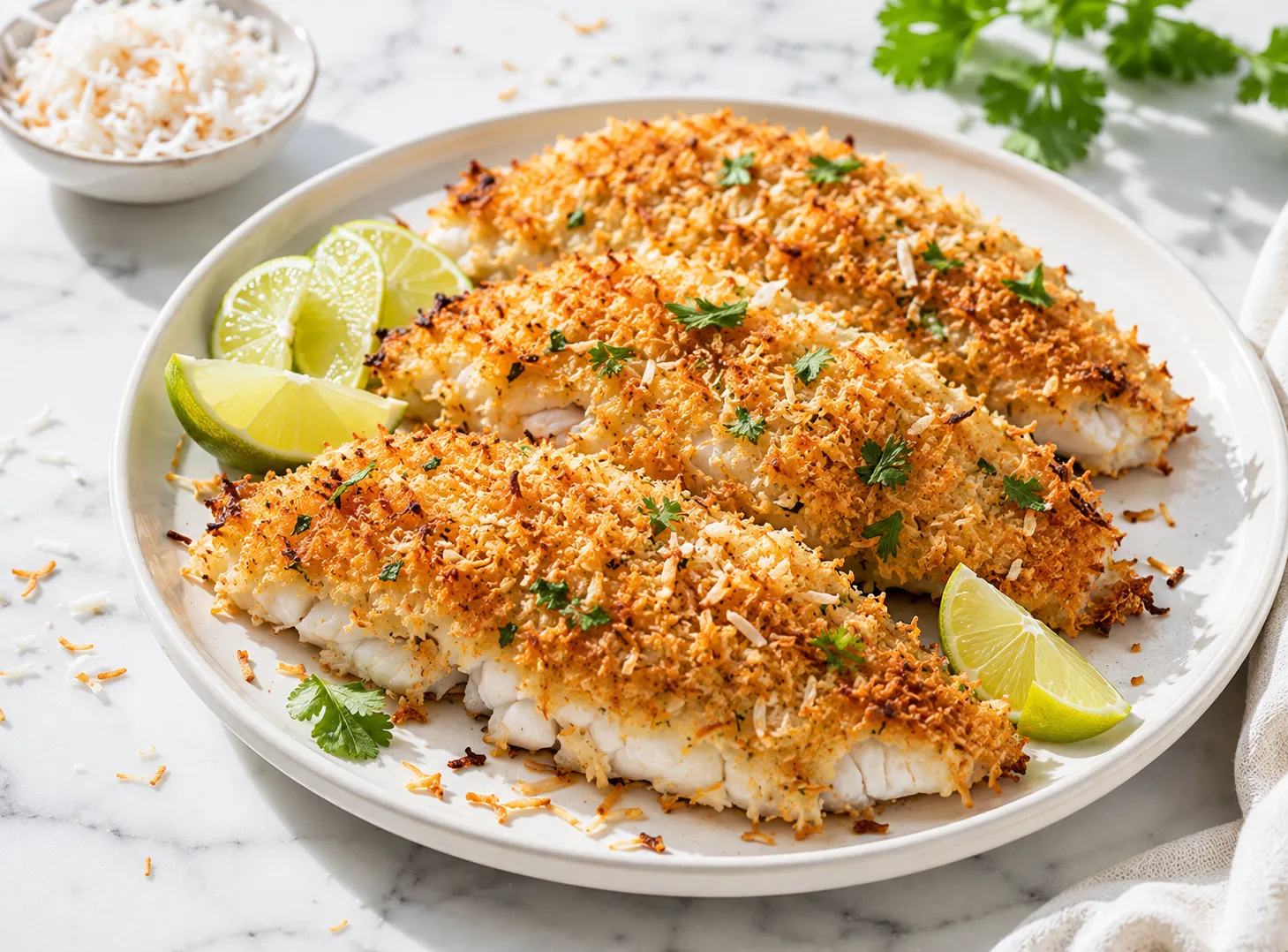 Baked coconut tilapia fillets with golden crust on a white plate with lime