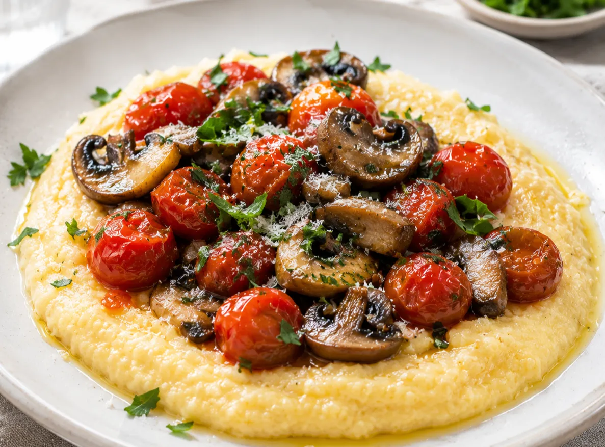 Creamy polenta in a white bowl with melted butter and Parmesan