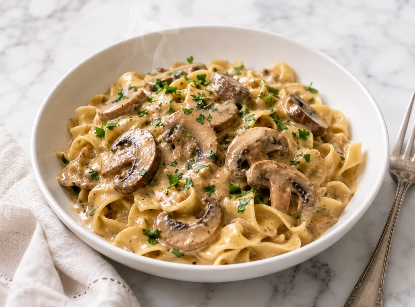 Bowl of creamy mushroom stroganoff with egg noodles on white marble.