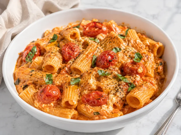 Bowl of creamy baked feta pasta with roasted tomatoes and fresh basil