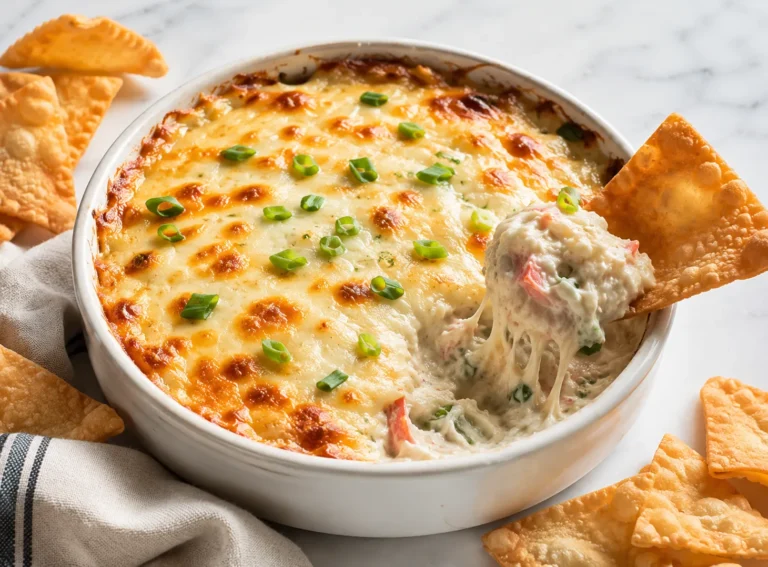 Baked crab rangoon dip with golden bubbly cheese and wonton chips