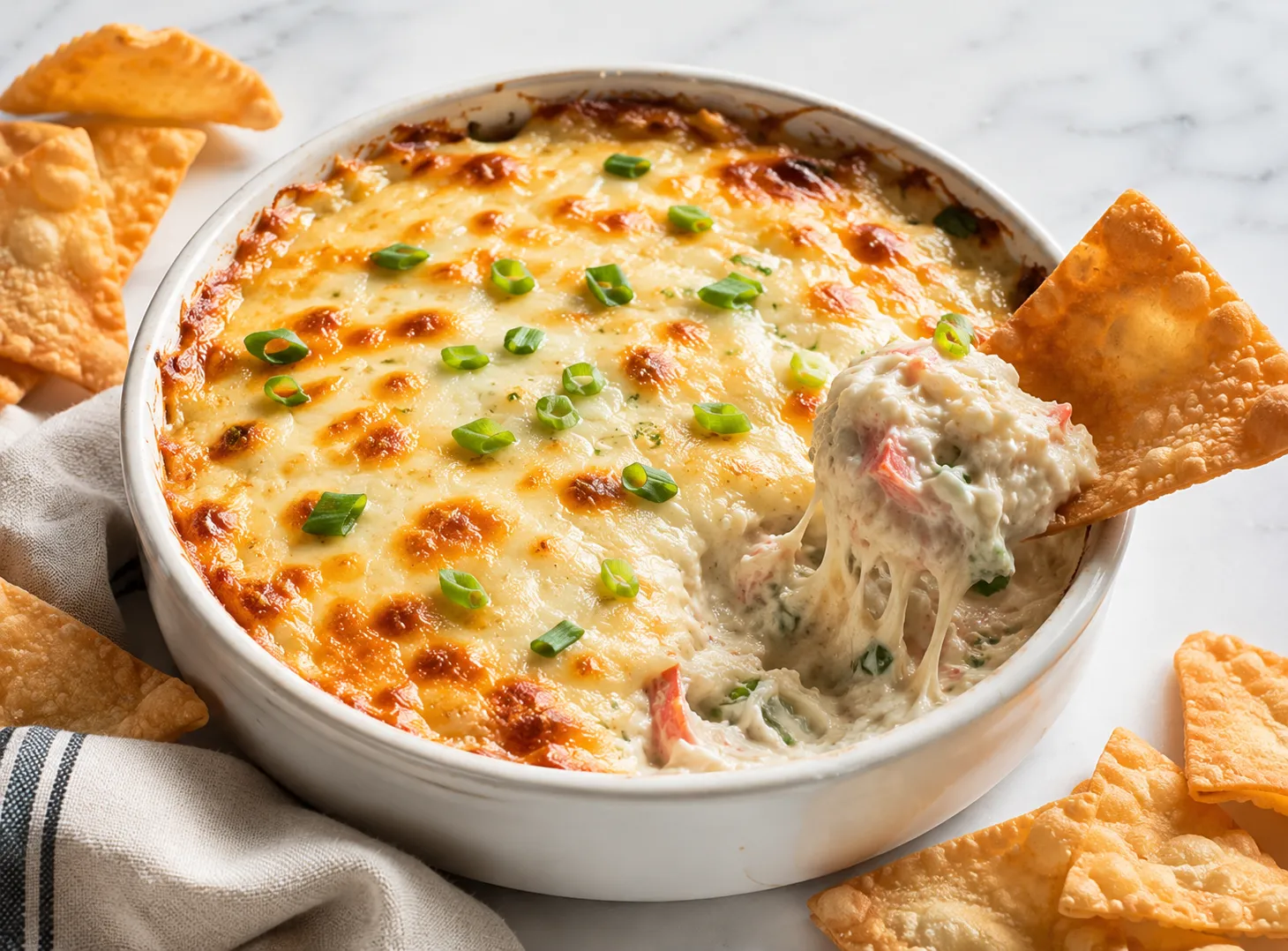 Baked crab rangoon dip with golden bubbly cheese and wonton chips