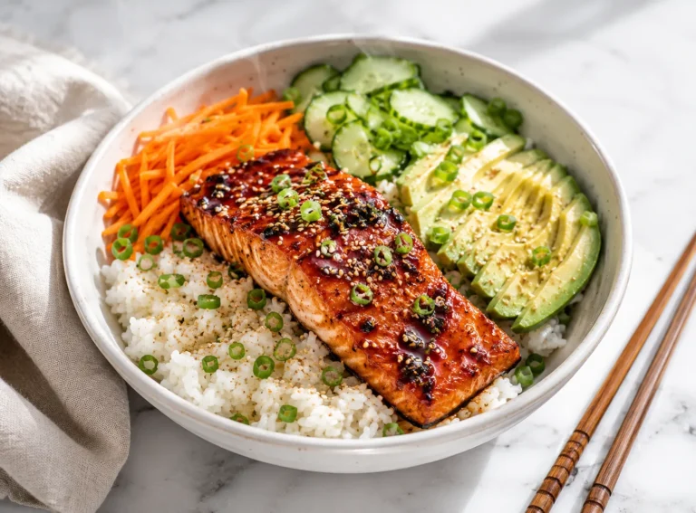 Salmon rice bowl with seared salmon, rice, and fresh vegetables in a white bowl