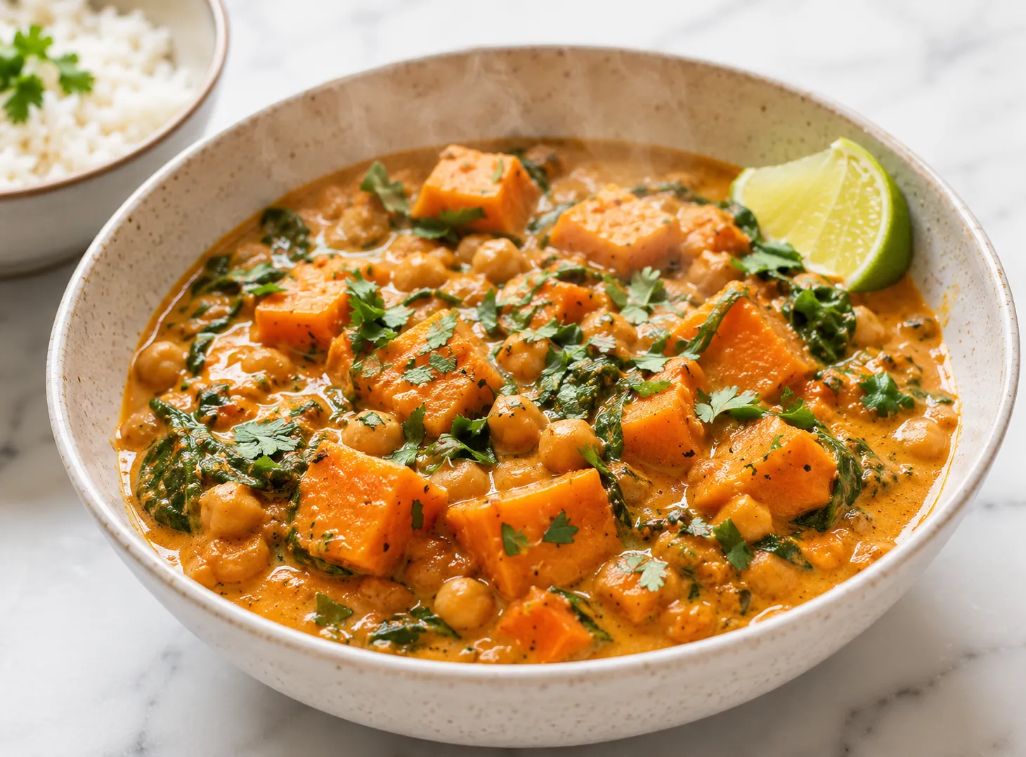 Bowl of creamy sweet potato curry with chickpeas and spinach on white marble