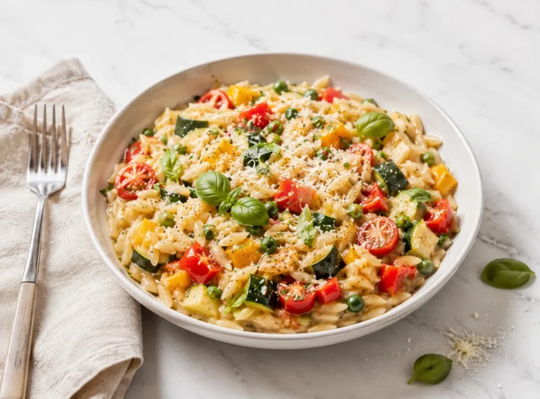 One pot orzo primavera in a white bowl with fresh vegetables and Parmesan