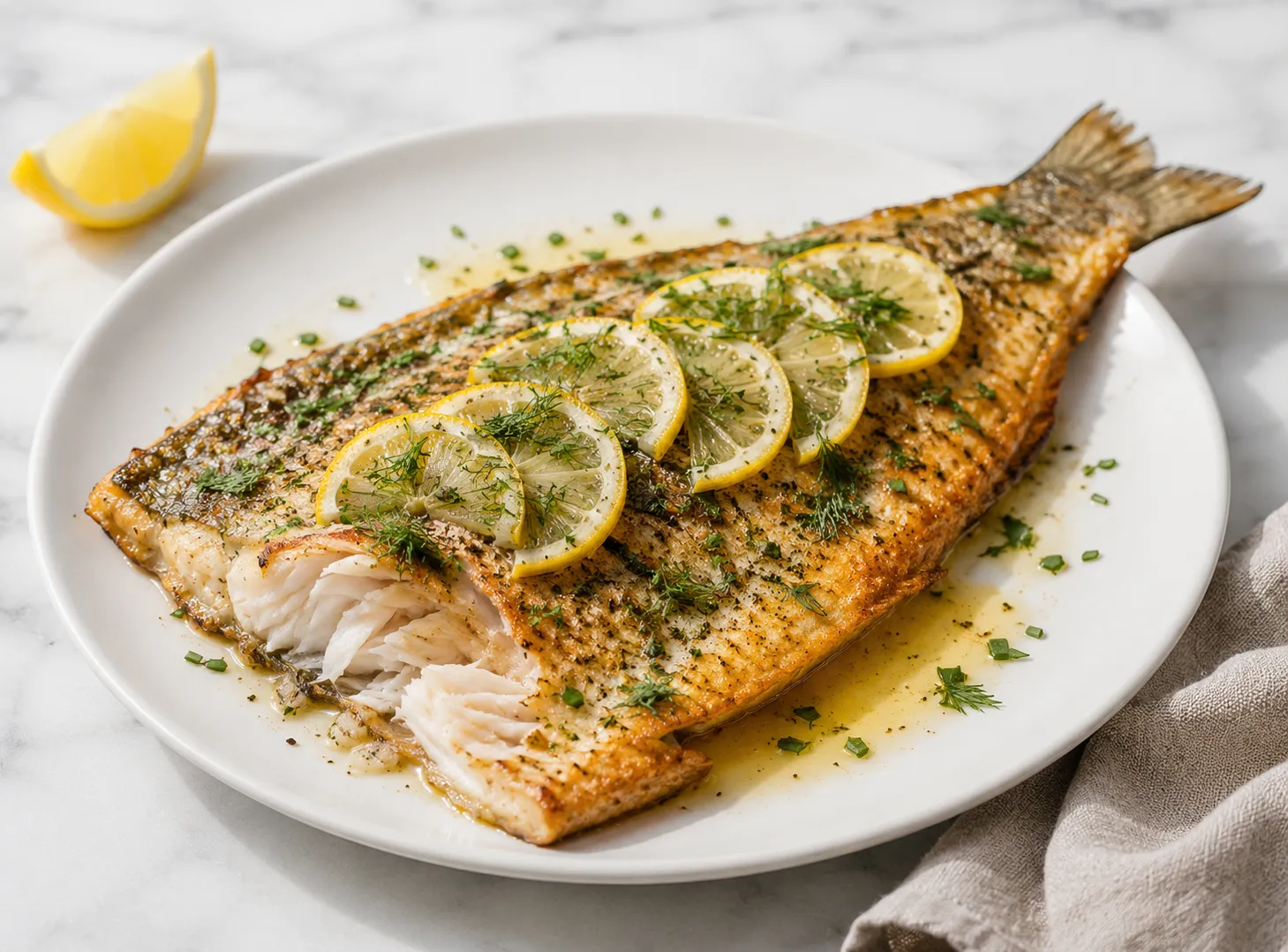 Baked trout fillet with lemon and herbs on a white plate