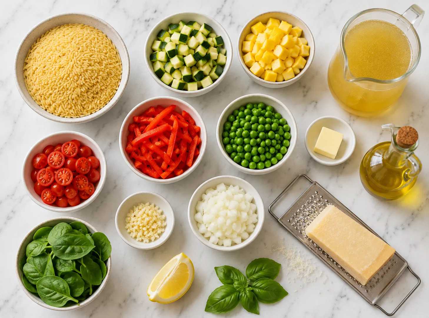 One Pot Orzo Primavera Recipe: Fresh Veggie Pasta in One Pan ingredients