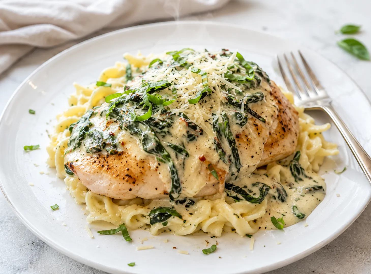 Plated chicken florentine served over buttered noodles