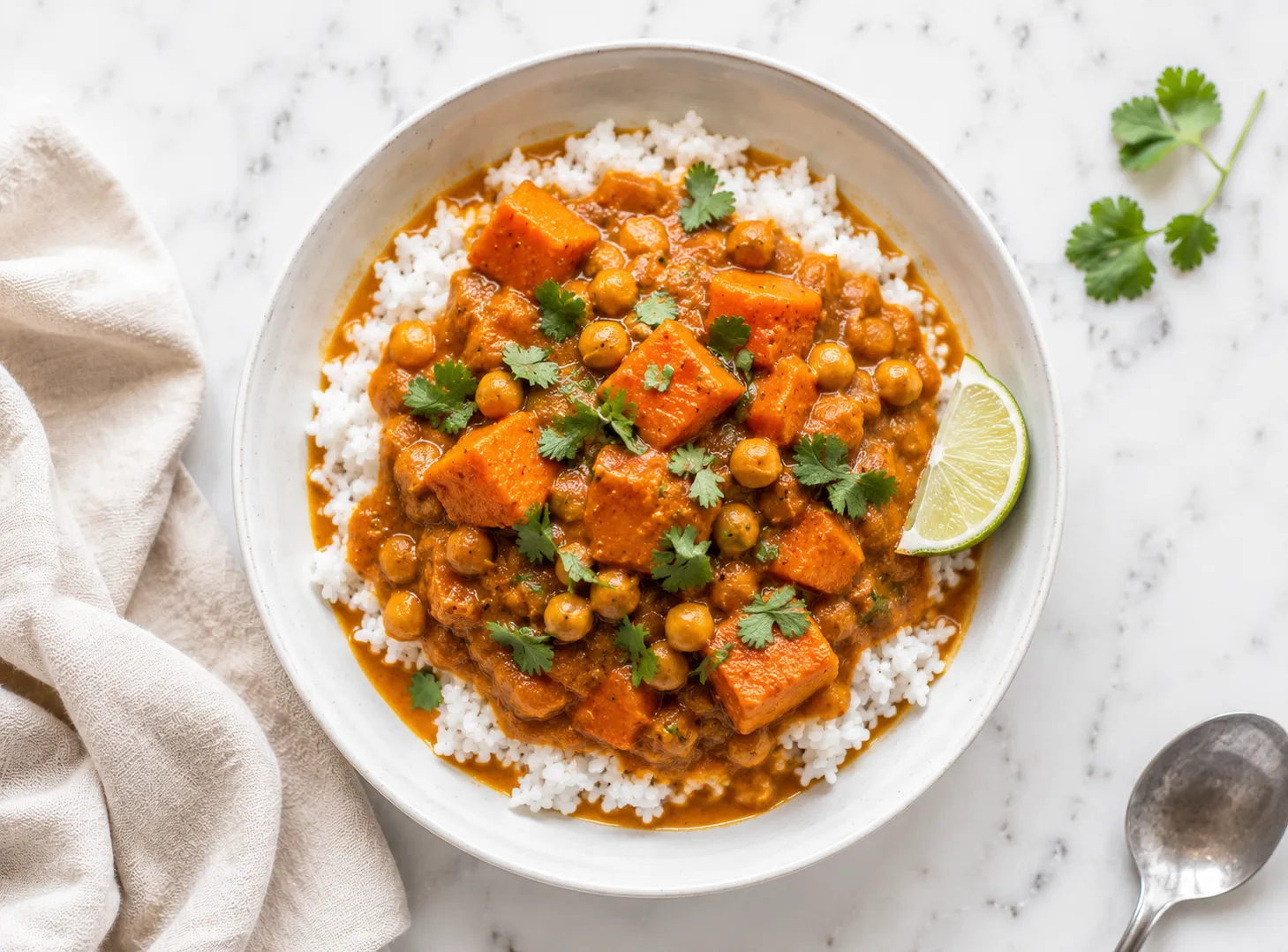 Sweet potato curry served over rice in a white bowl