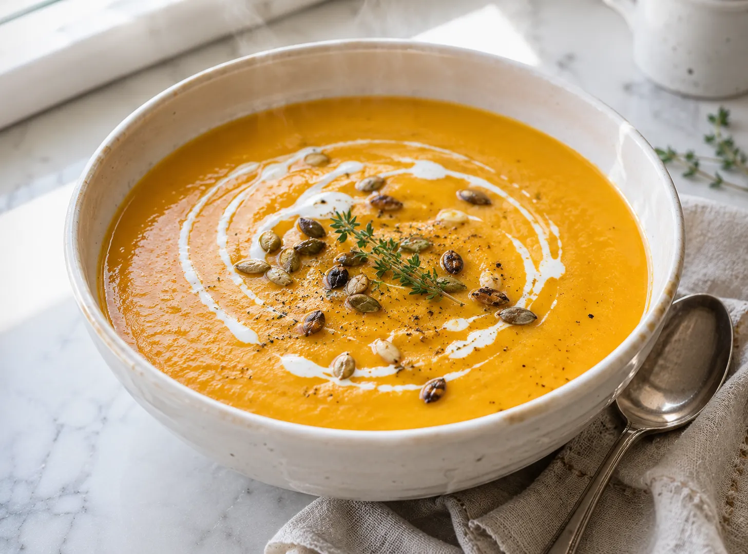 Bowl of creamy roasted butternut squash soup with cream swirl and pumpkin seeds