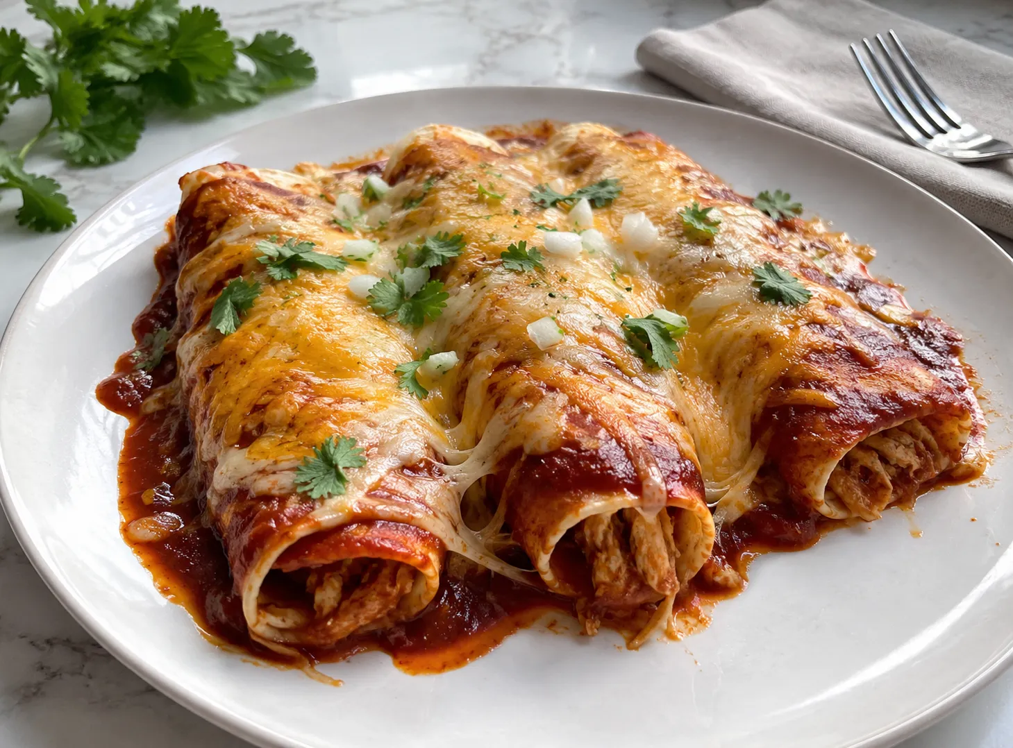 Cheese enchiladas recipe with melted cheese and red sauce on a white plate