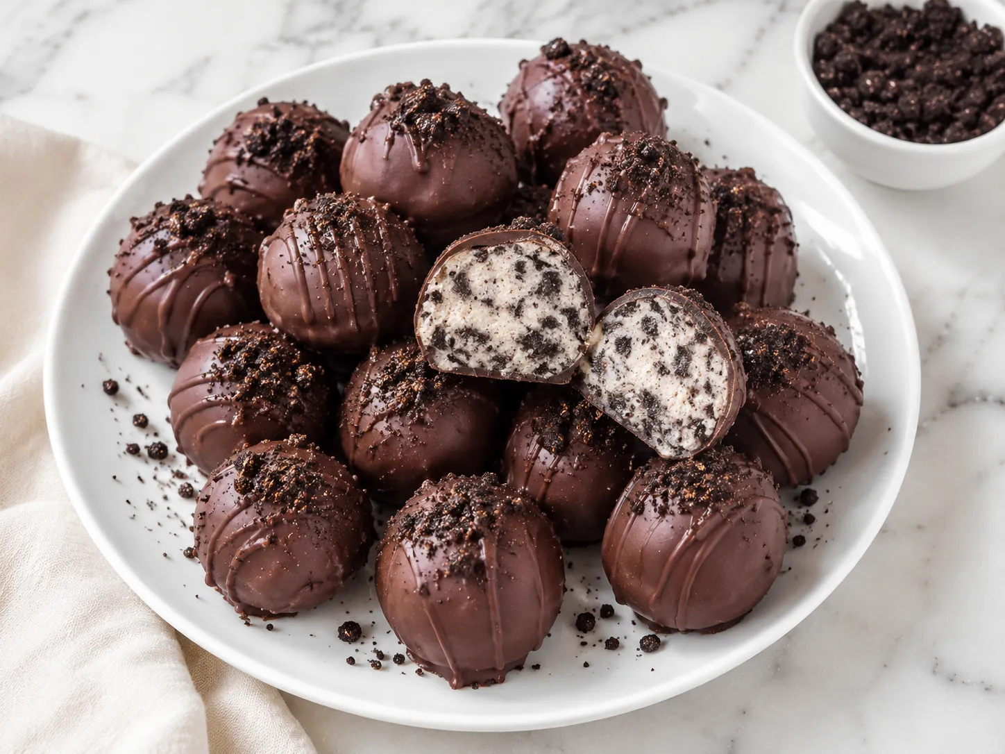 Chocolate-coated Oreo truffles stacked on a white plate, one cut in half