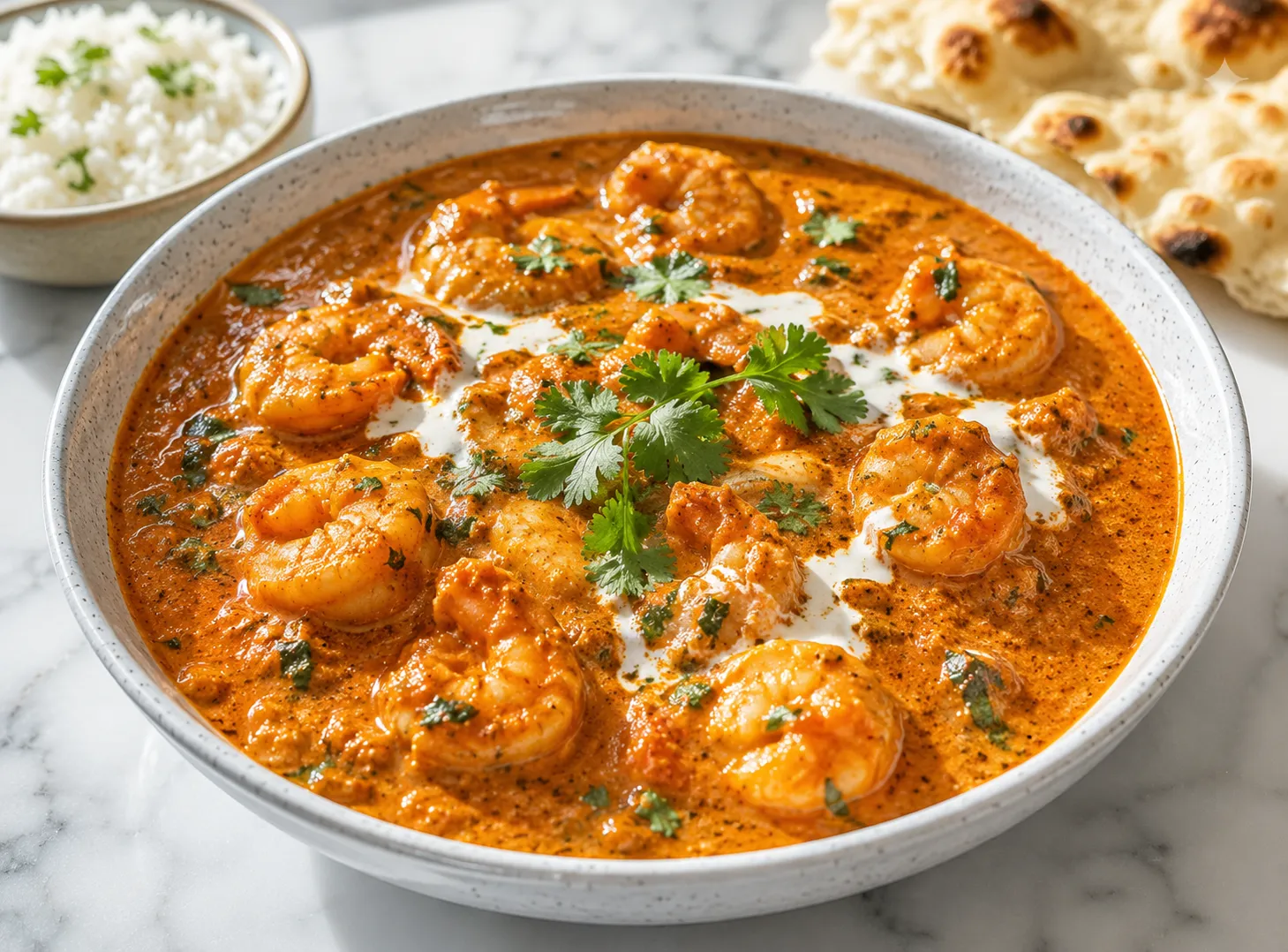 Creamy shrimp curry in a bowl with rice and naan, shot in natural light