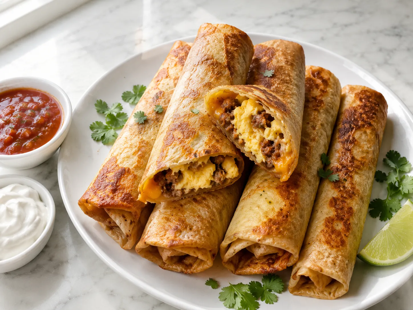 Crispy golden breakfast taquitos filled with eggs, cheese, and sausage