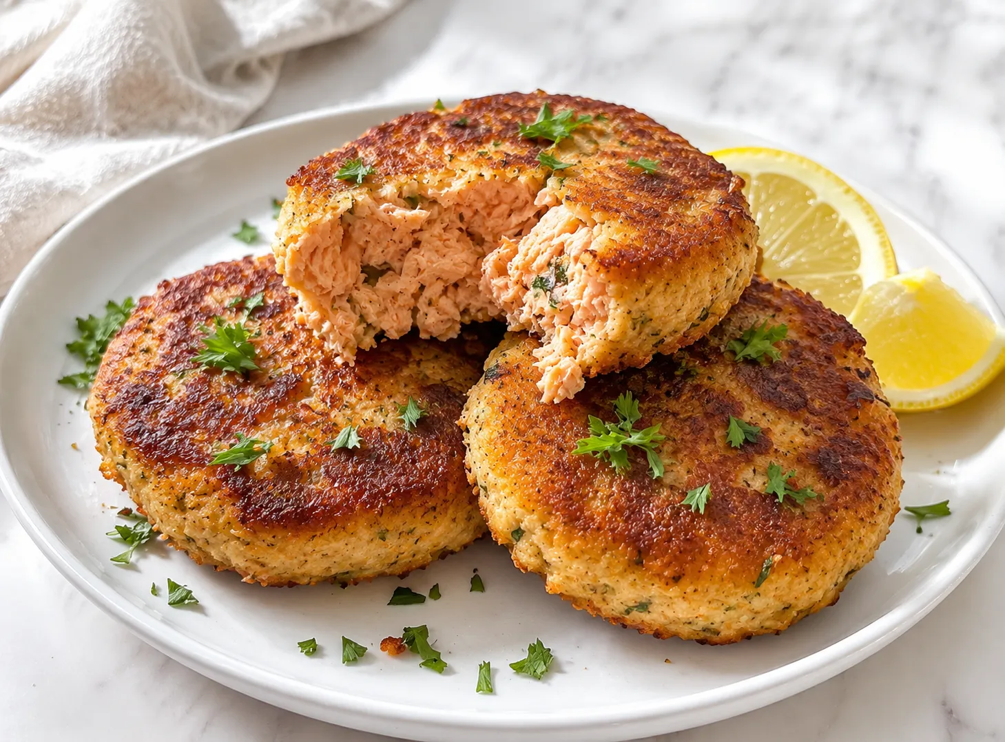 Crispy golden salmon cakes on a white plate with lemon and parsley