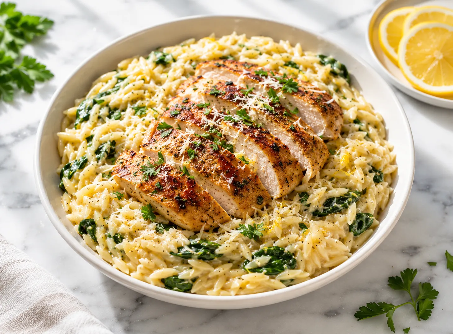 Bowl of creamy lemon chicken orzo with spinach and parmesan on white marble