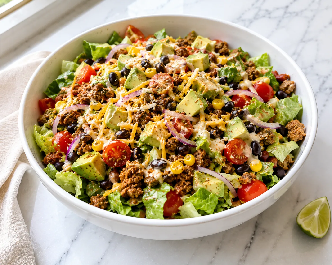 Turkey taco salad in a white bowl with avocado, tomatoes, and lime dressing