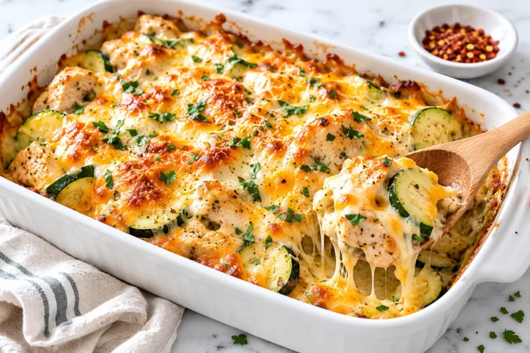 Baked chicken zucchini casserole with melted cheese in a white dish