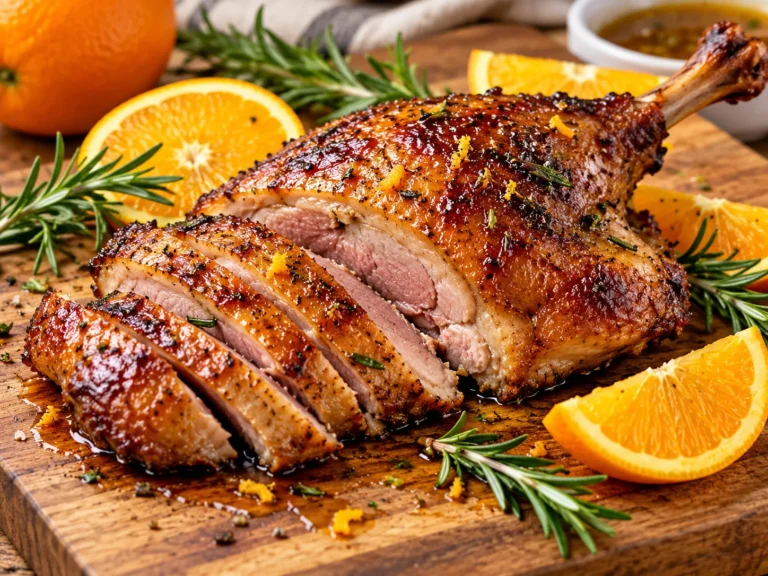 A golden-brown Air Fried Smokey Citrus Duck leg on a cutting board, garnished with orange slices.
