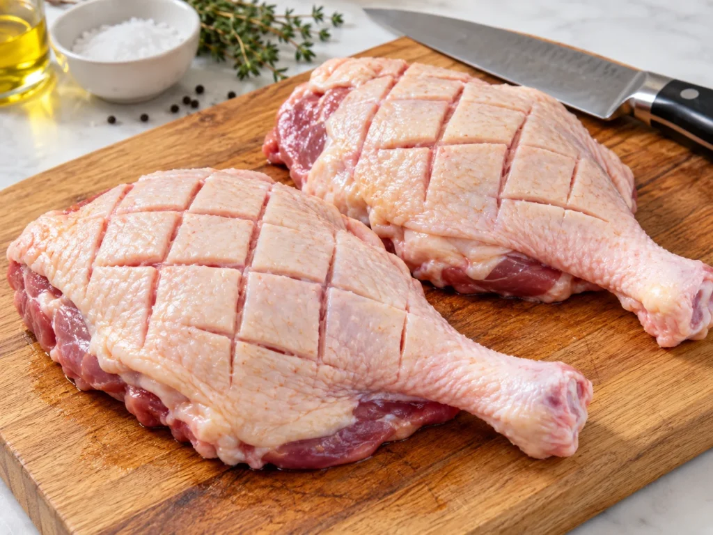 Raw duck leg quarters scored with a knife.