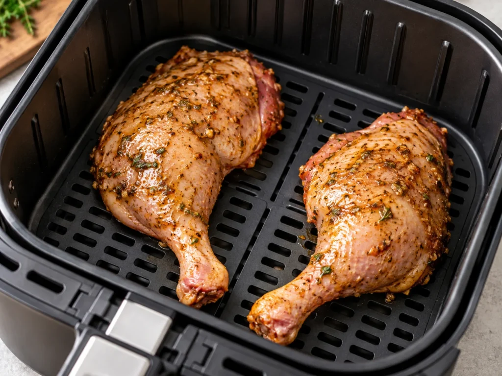 Duck legs arranged in an air fryer basket before cooking.