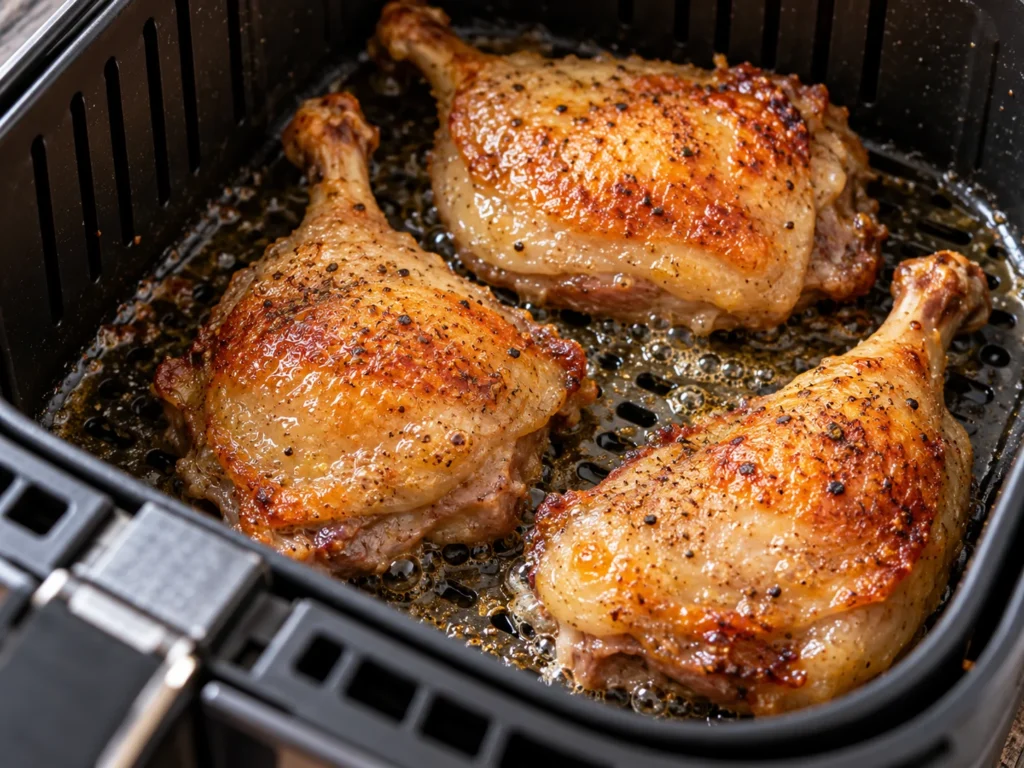Duck skin rendering in the air fryer during the cooking process.