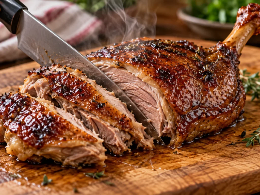 Carving a piece of Air Fried Smokey Citrus Duck.