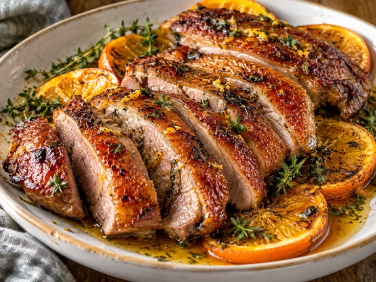 Carved air fried smokey citrus duck breast with crisp mahogany skin and juicy pink interior on a ceramic serving plate.