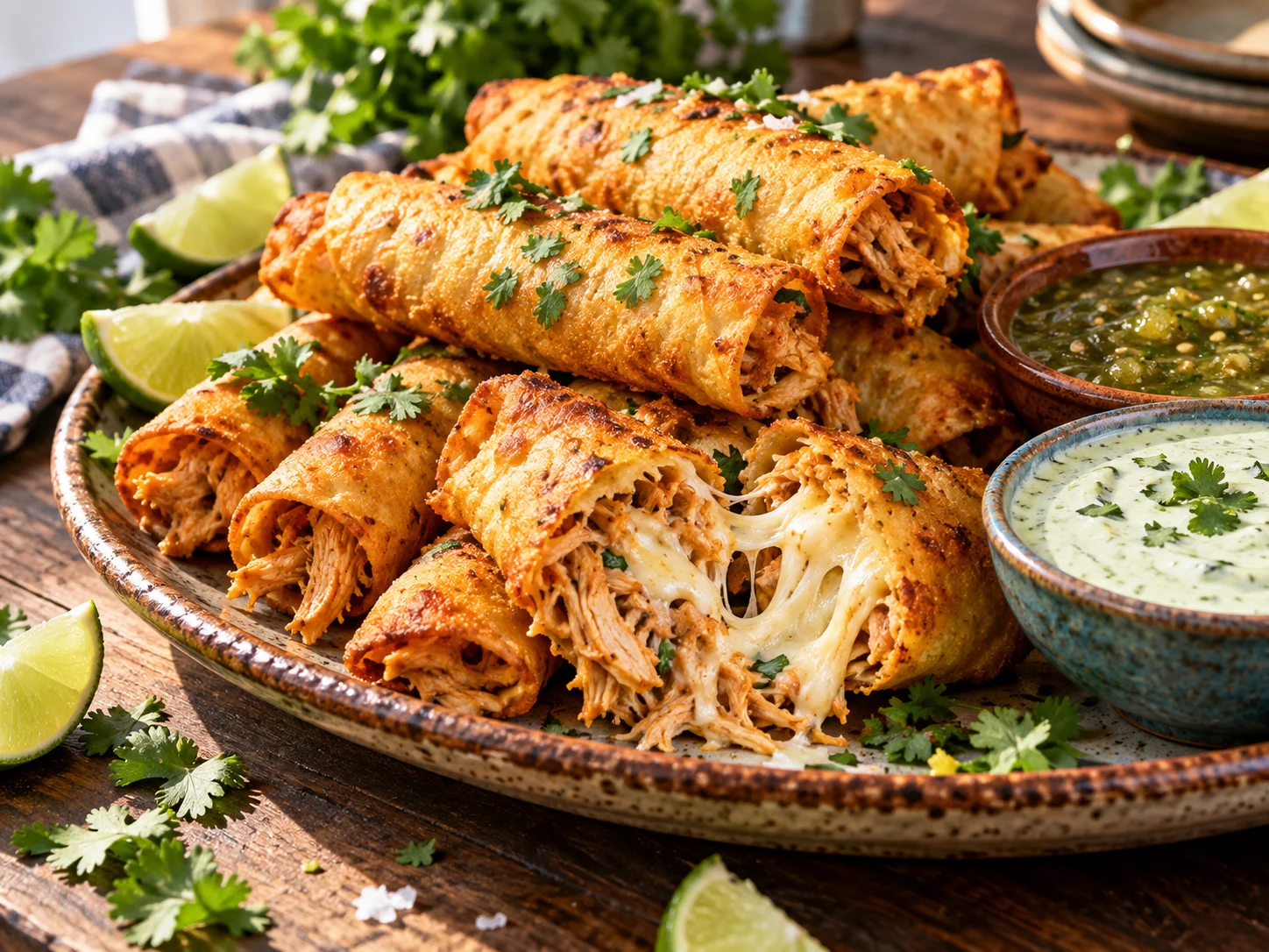 Platter of crispy, golden-brown antojitos served with salsa and crema.