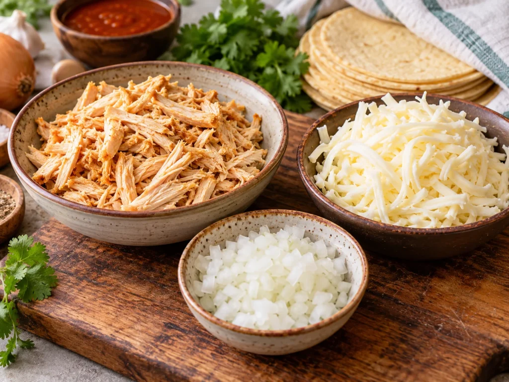 Ingredients for antojito filling: shredded chicken and cheese.